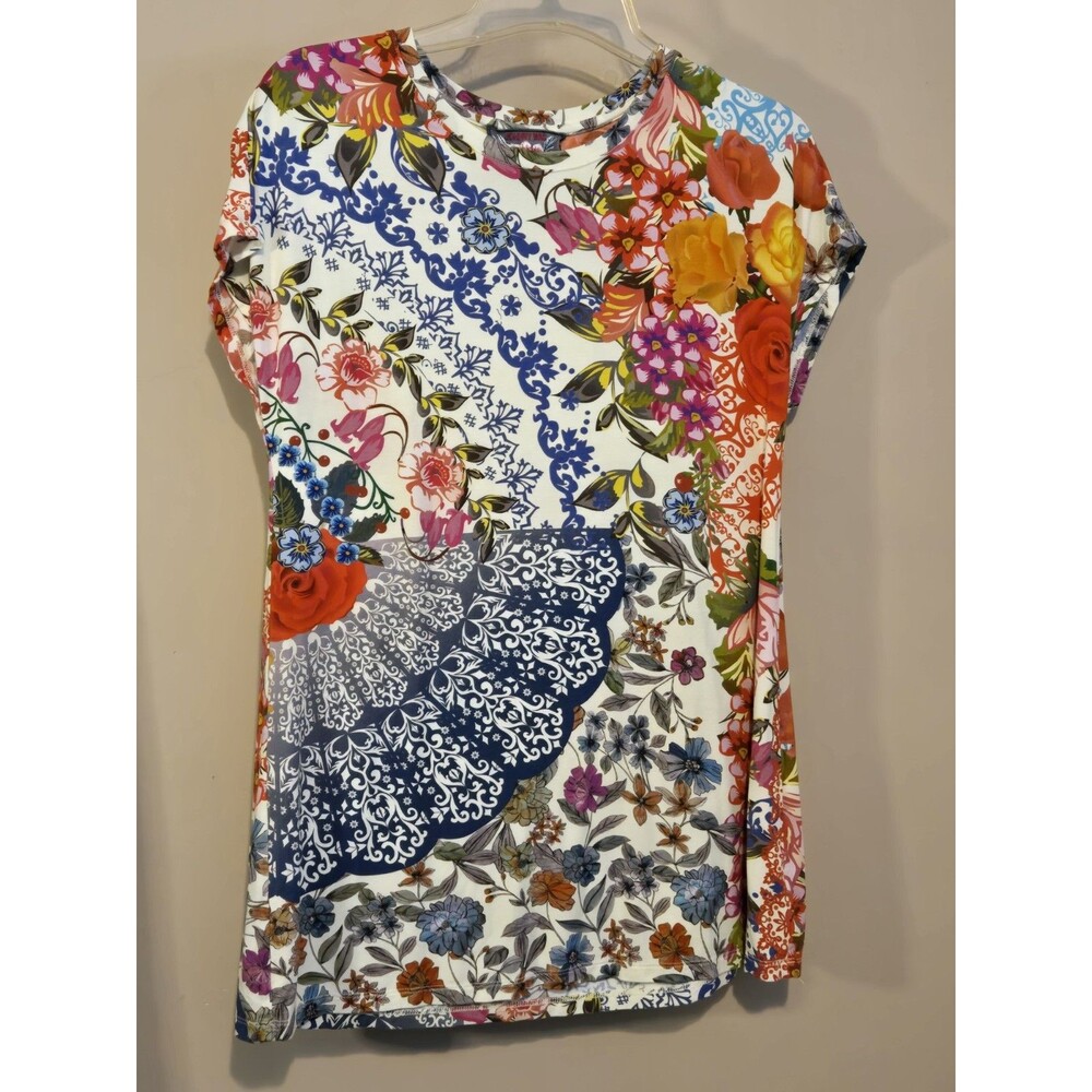 Johnny Was LA Tango Floral Patterned Tunic Top Short Sleeve, Size Small